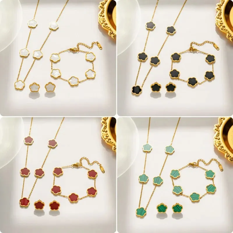 2 or 3Pc 18K Gold Plated Elegant Flower Design Stainless Steel Necklace, Earrings And Bracelet for Women