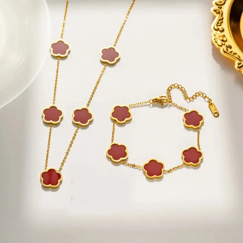 2 or 3Pc 18K Gold Plated Elegant Flower Design Stainless Steel Necklace, Earrings And Bracelet for Women