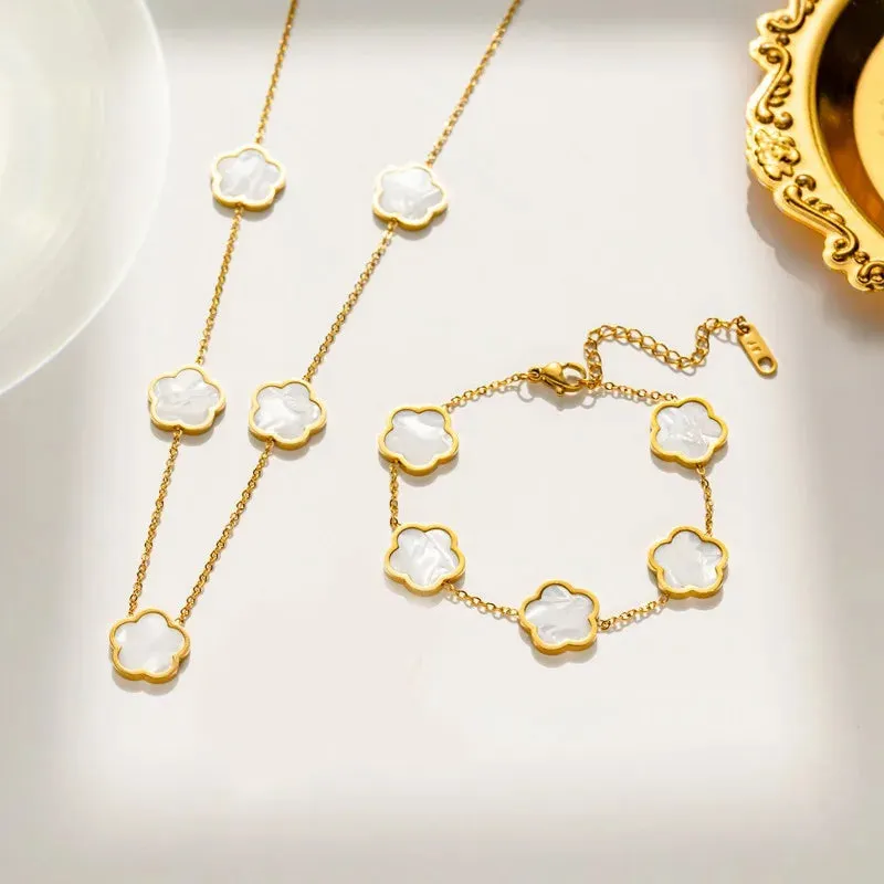 2 or 3Pc 18K Gold Plated Elegant Flower Design Stainless Steel Necklace, Earrings And Bracelet for Women