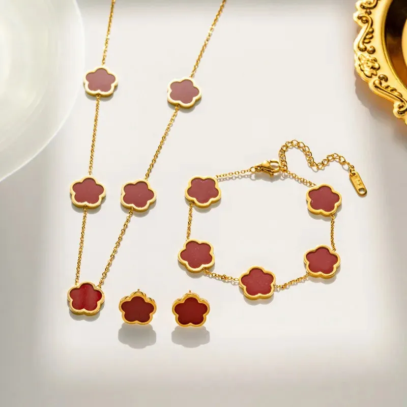 2 or 3Pc 18K Gold Plated Elegant Flower Design Stainless Steel Necklace, Earrings And Bracelet for Women