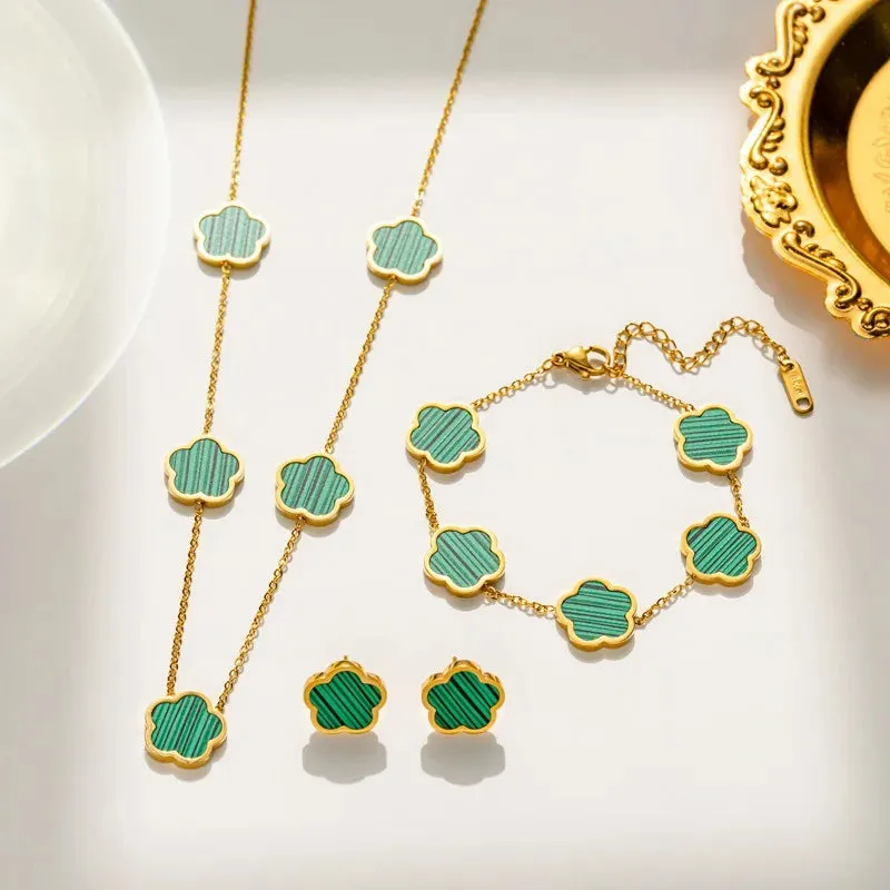 2 or 3Pc 18K Gold Plated Elegant Flower Design Stainless Steel Necklace, Earrings And Bracelet for Women