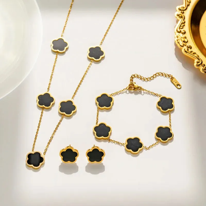 2 or 3Pc 18K Gold Plated Elegant Flower Design Stainless Steel Necklace, Earrings And Bracelet for Women