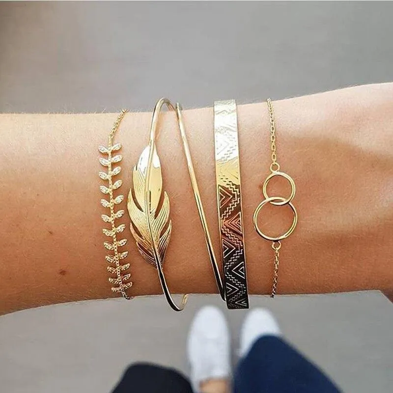 5Pcs/set Bohemian Gold Color Moon Leaf Crystal Open Bracelet Set For