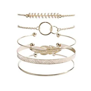 5Pcs/set Bohemian Gold Color Moon Leaf Crystal Open Bracelet Set For