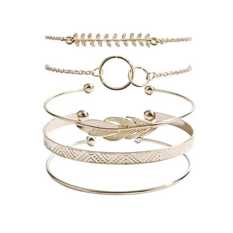 5Pcs/set Bohemian Gold Color Moon Leaf Crystal Open Bracelet Set For
