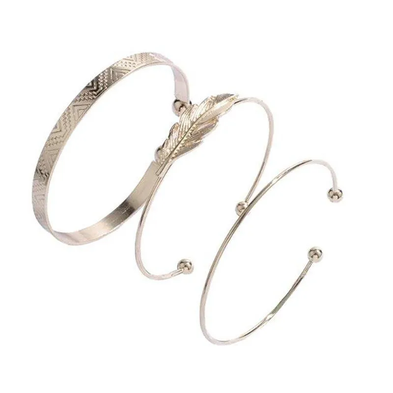 5Pcs/set Bohemian Gold Color Moon Leaf Crystal Open Bracelet Set For