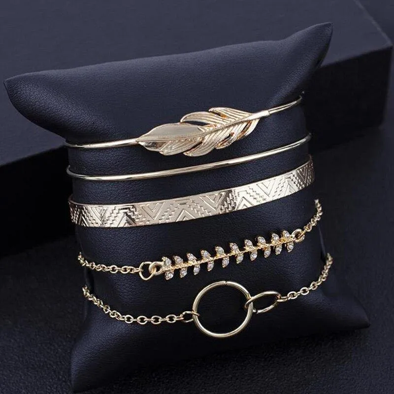 5Pcs/set Bohemian Gold Color Moon Leaf Crystal Open Bracelet Set For