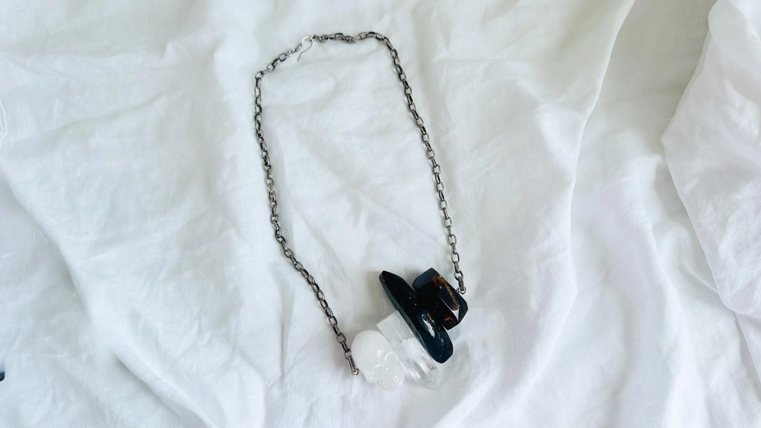 Amber & Quartz Skull Necklace. Handmade Designer Sterling Silver Chain. Maximalist Jewelry. 2449
