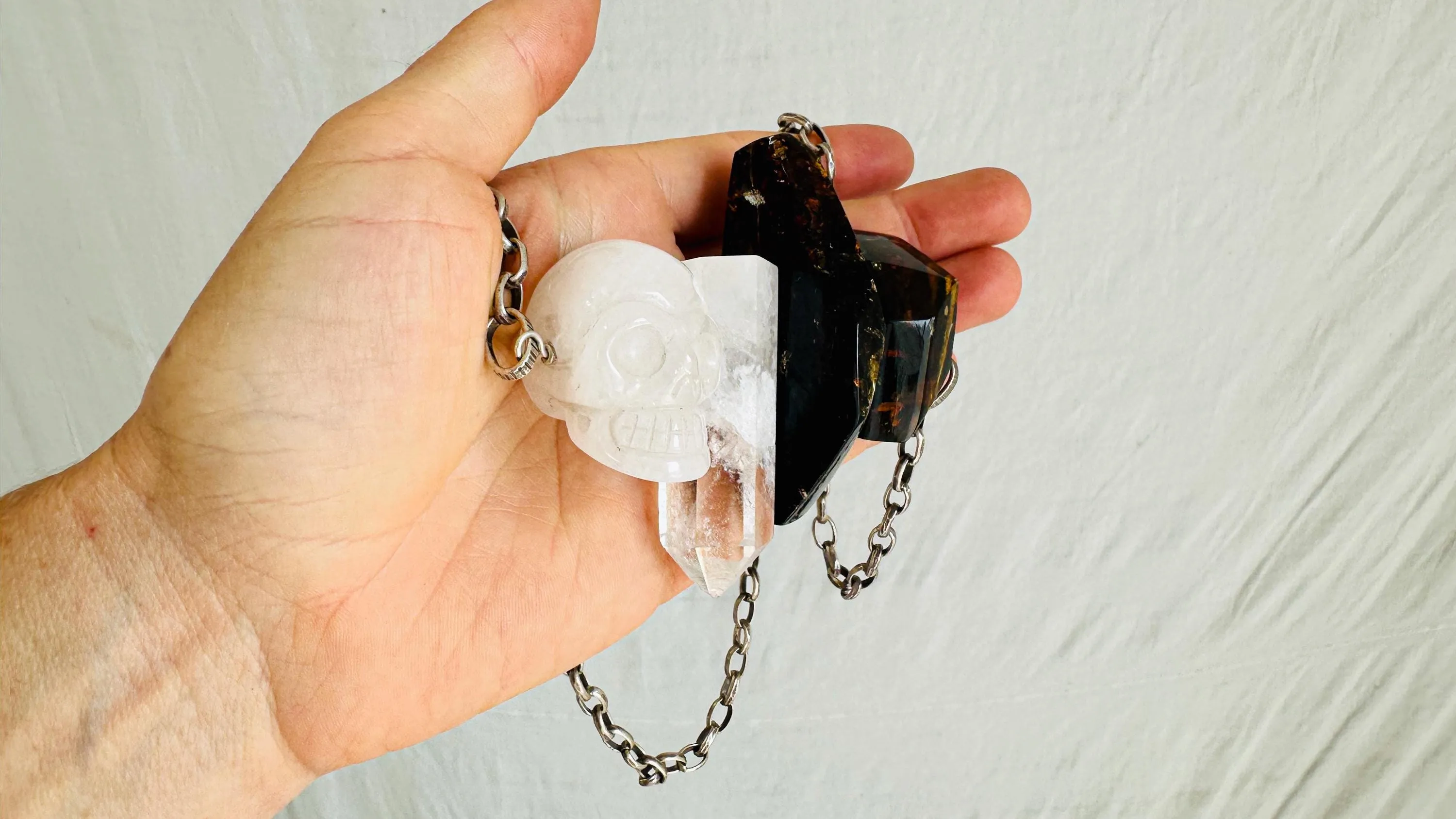 Amber & Quartz Skull Necklace. Handmade Designer Sterling Silver Chain. Maximalist Jewelry. 2449