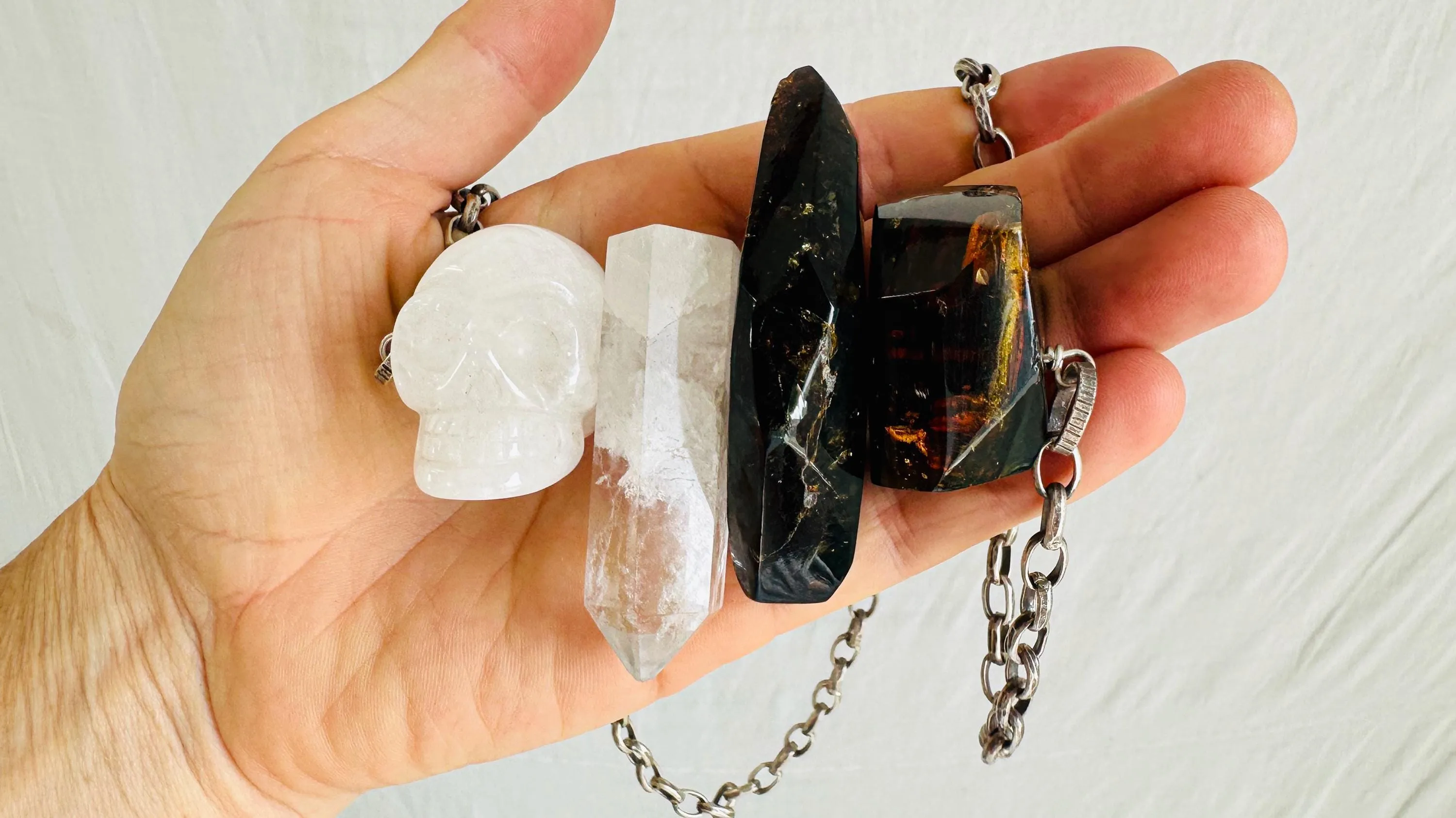 Amber & Quartz Skull Necklace. Handmade Designer Sterling Silver Chain. Maximalist Jewelry. 2449