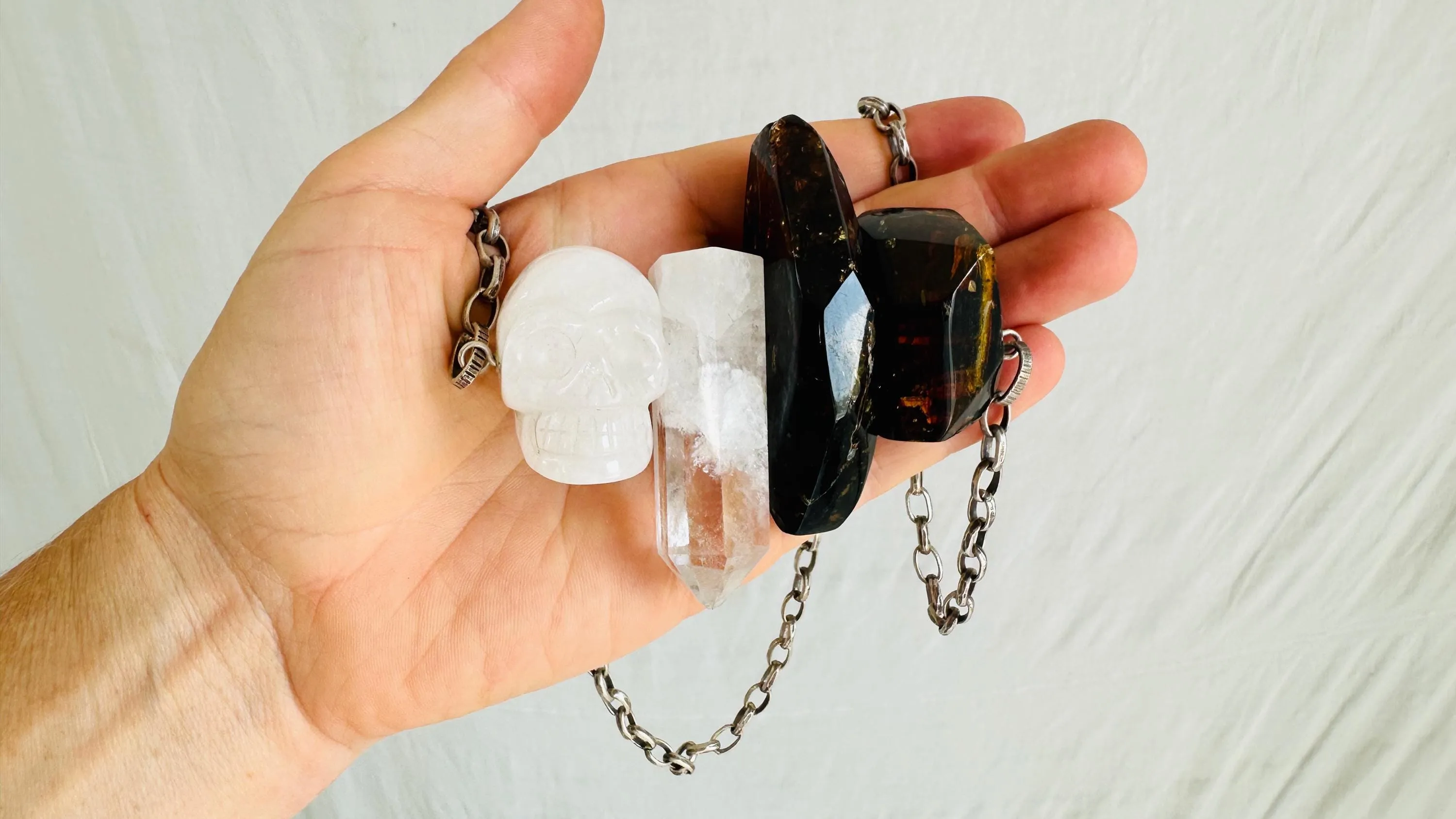 Amber & Quartz Skull Necklace. Handmade Designer Sterling Silver Chain. Maximalist Jewelry. 2449