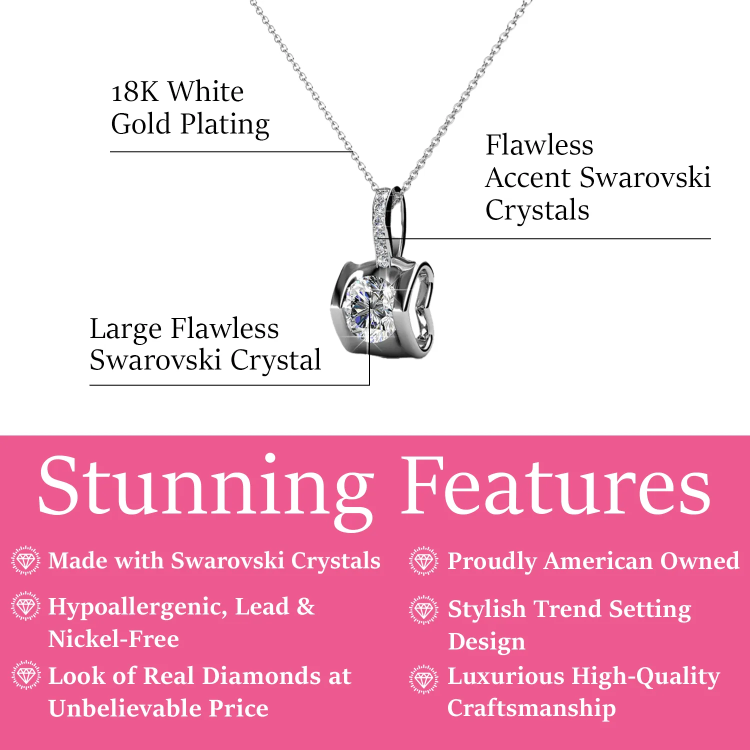 Billie 18k White Gold Pendant Necklace with Round Cut Swarovski Crystals