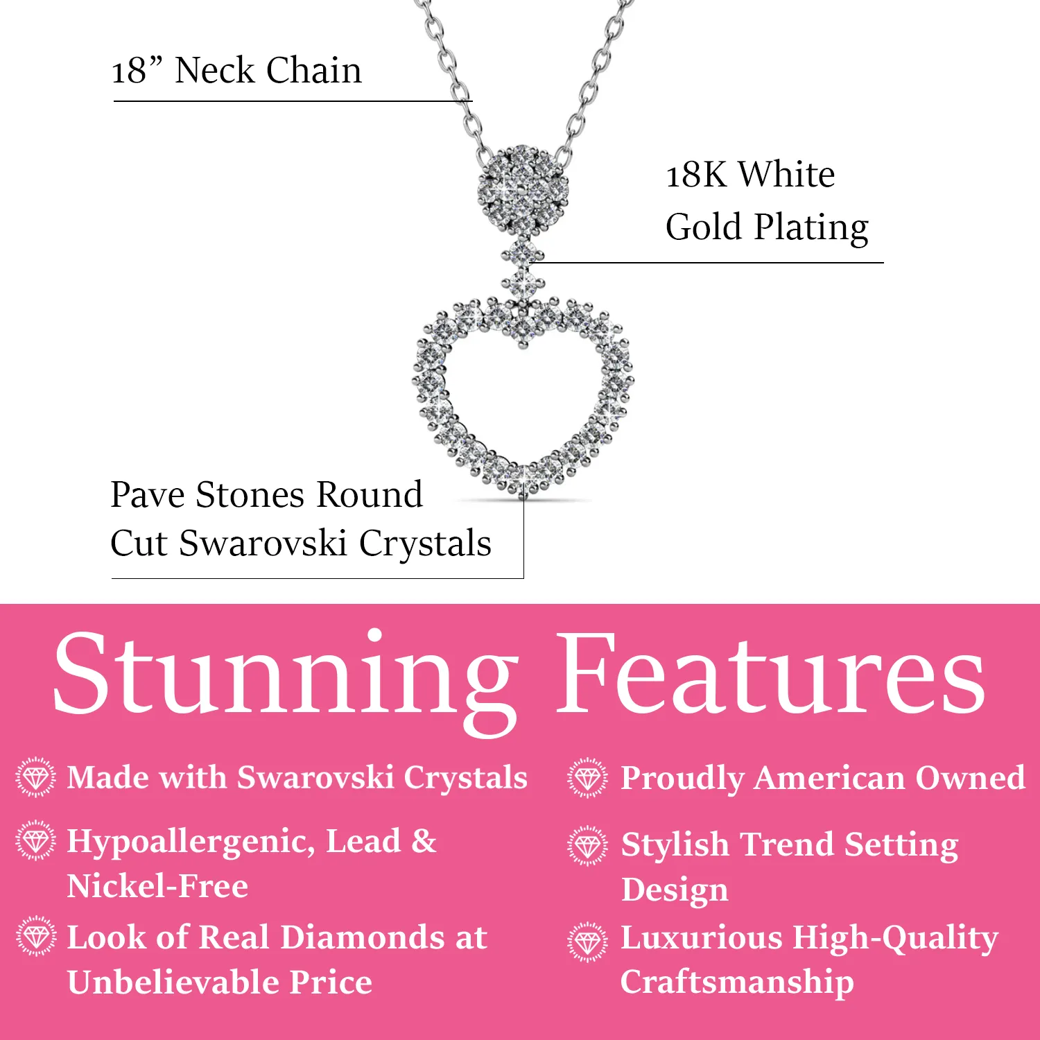 Brynn 18k White Gold Plated Heart Pendant Necklace with Swarovski Crystals