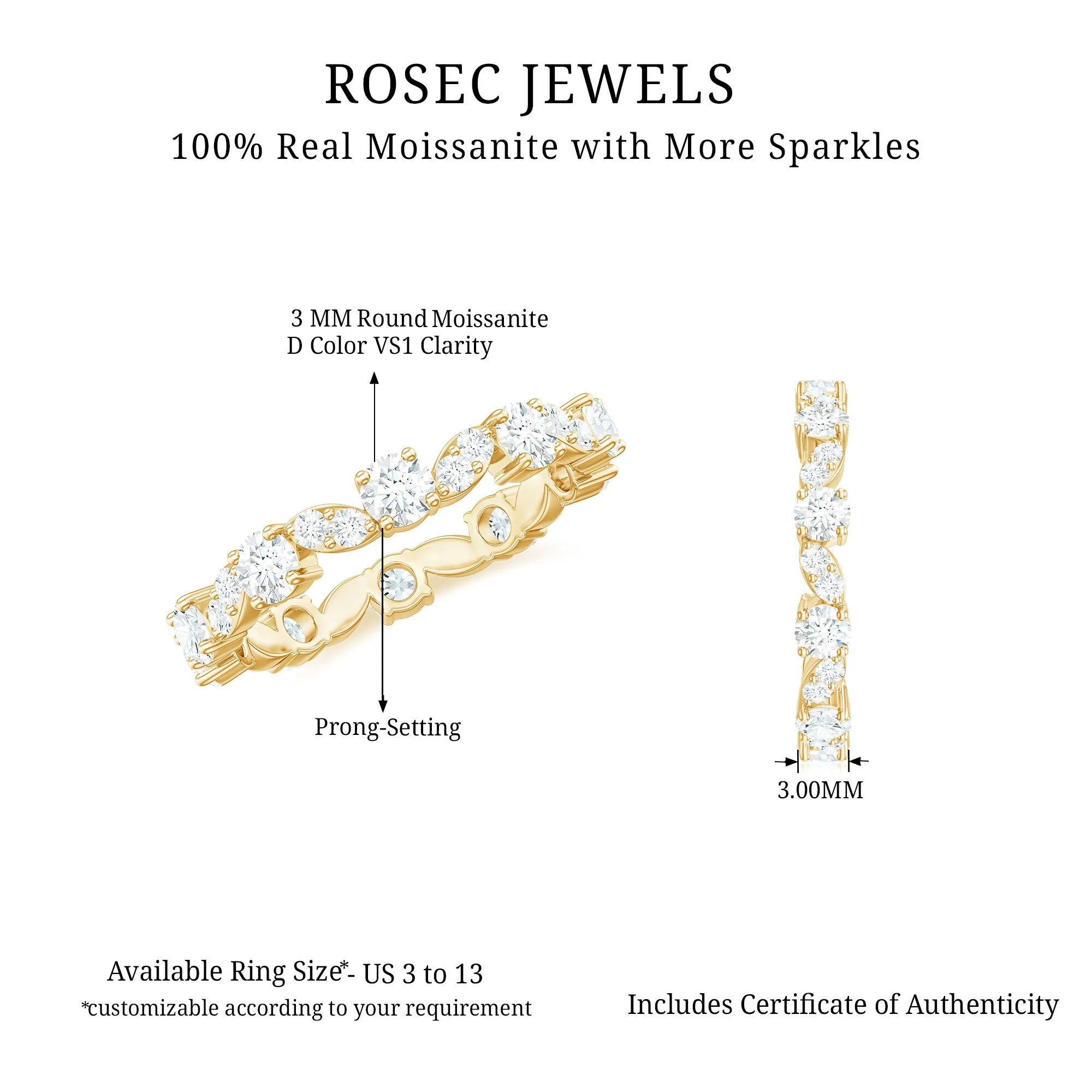 Certified Moissanite Eternity Wedding Band Ring in Prong Setting