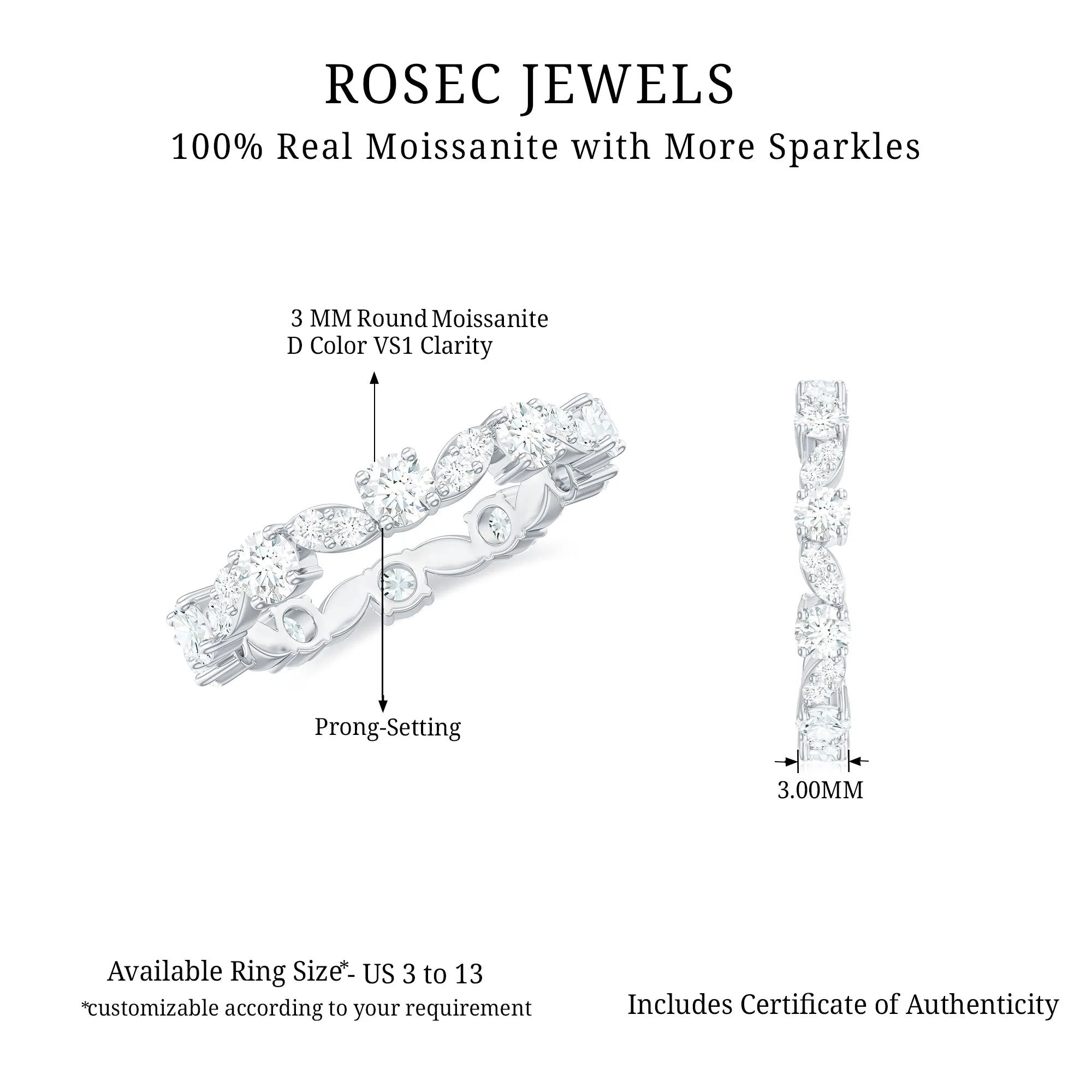 Certified Moissanite Eternity Wedding Band Ring in Prong Setting