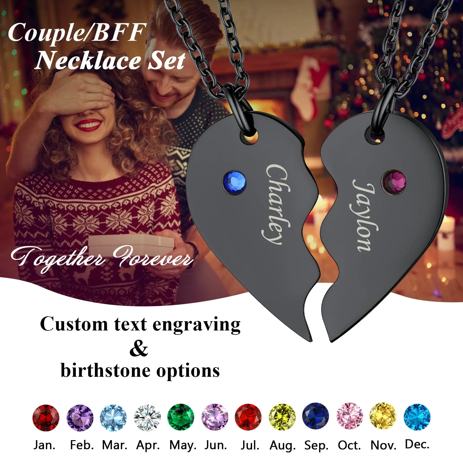 Custom Birthstone Heart Matching Necklaces for Couples Friends Family