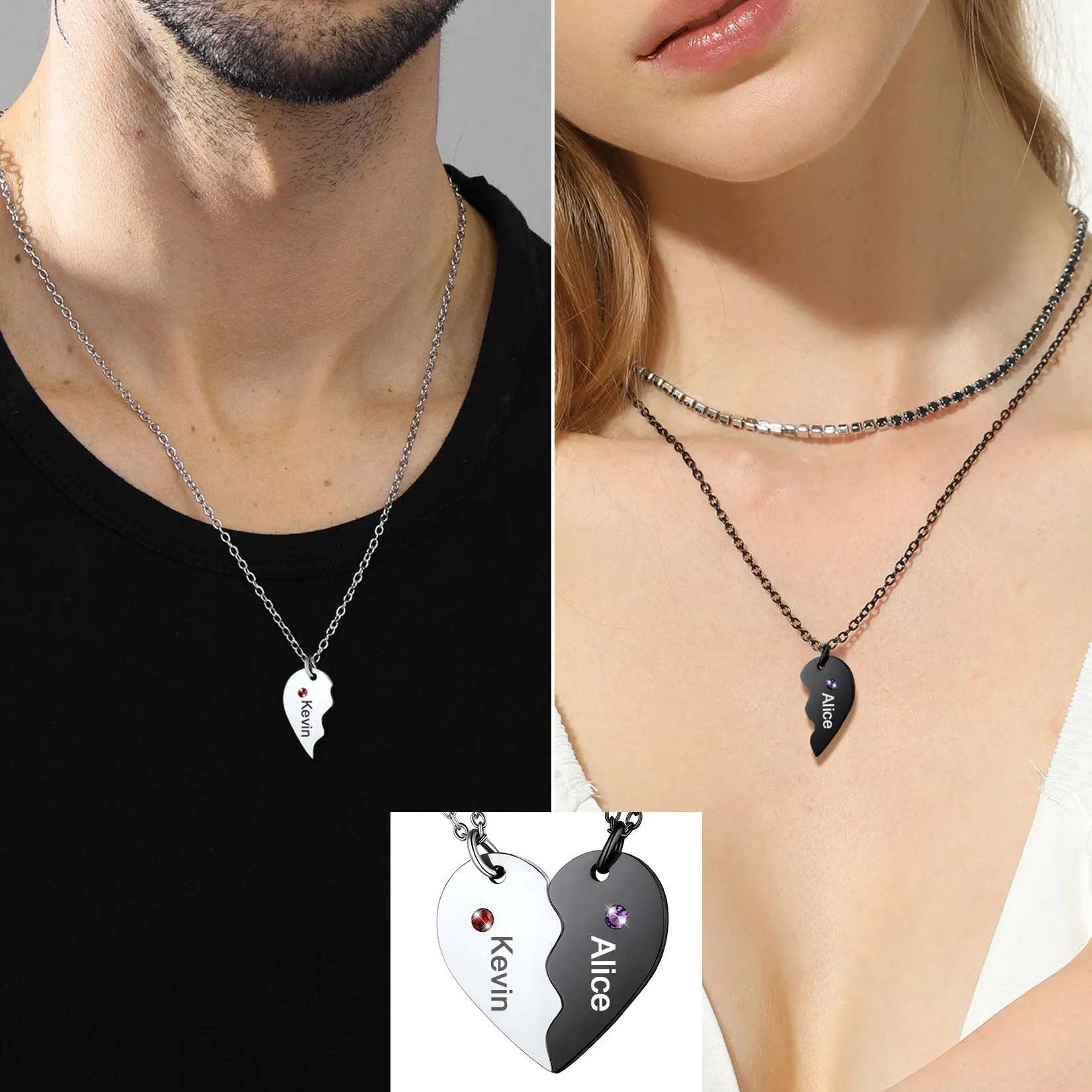 Custom Birthstone Heart Matching Necklaces for Couples Friends Family