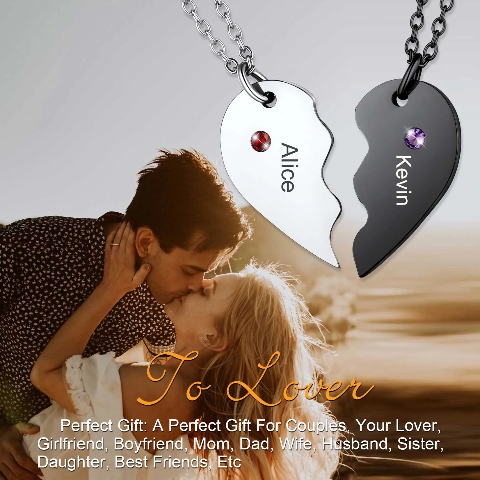 Custom Birthstone Heart Matching Necklaces for Couples Friends Family