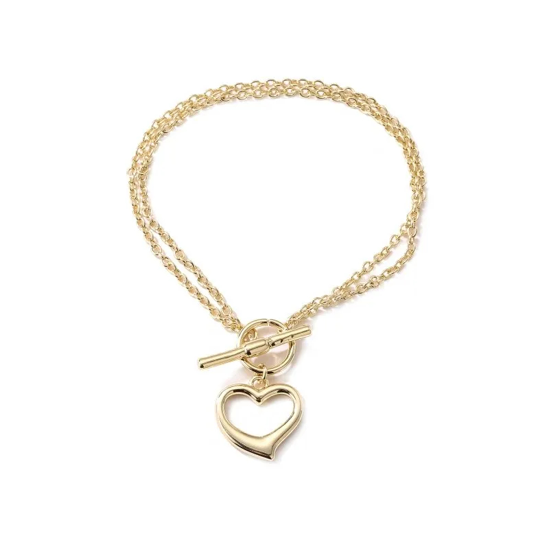 Gold Double Bracelet Heart Charm T-Bar 7 Inch