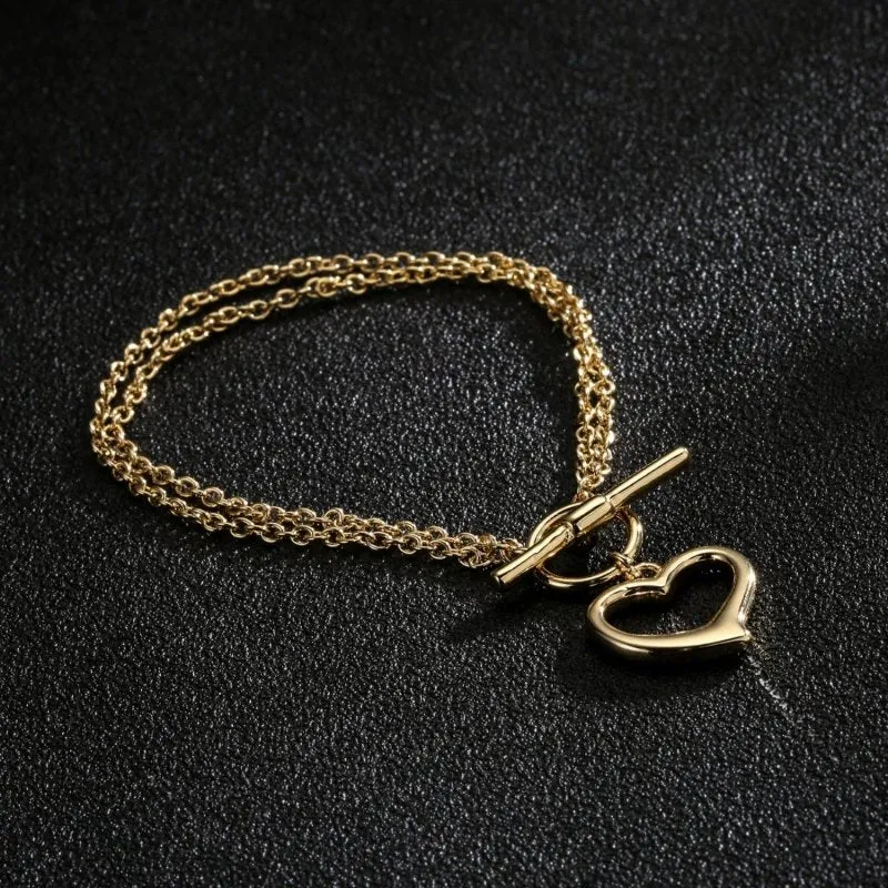 Gold Double Bracelet Heart Charm T-Bar 7 Inch