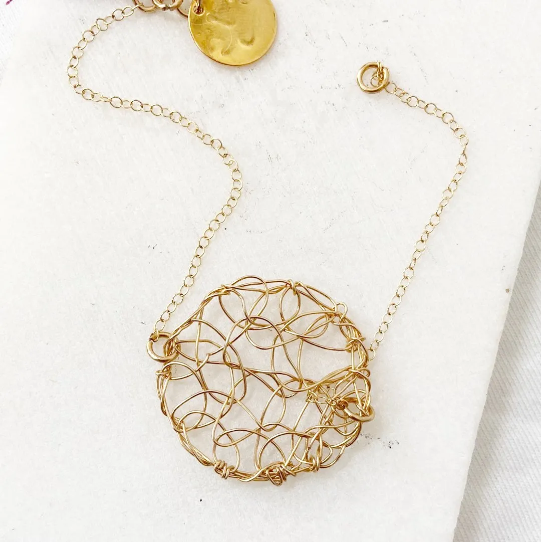 Gold filled Round Wire Crochet Pendant Necklace & Bracelet Set