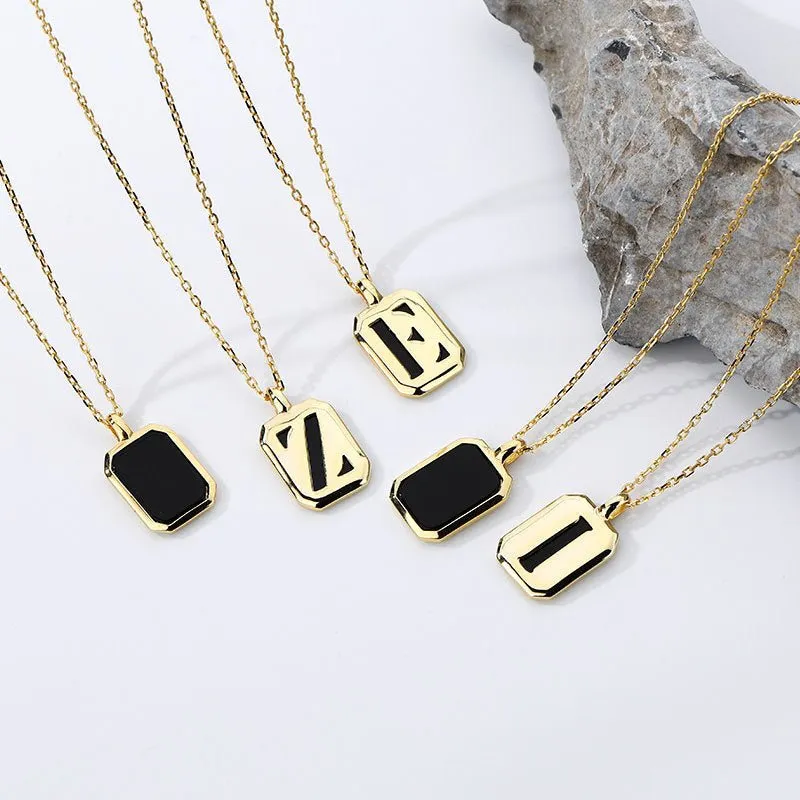 Initial Black Agate Necklace -Gold Plating