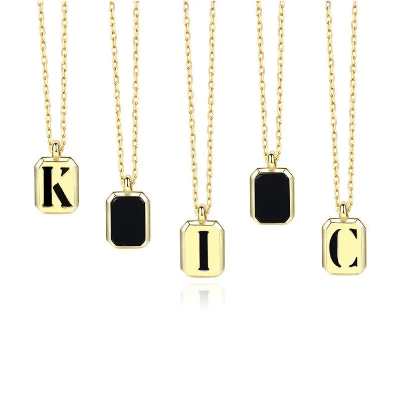 Initial Black Agate Necklace -Gold Plating