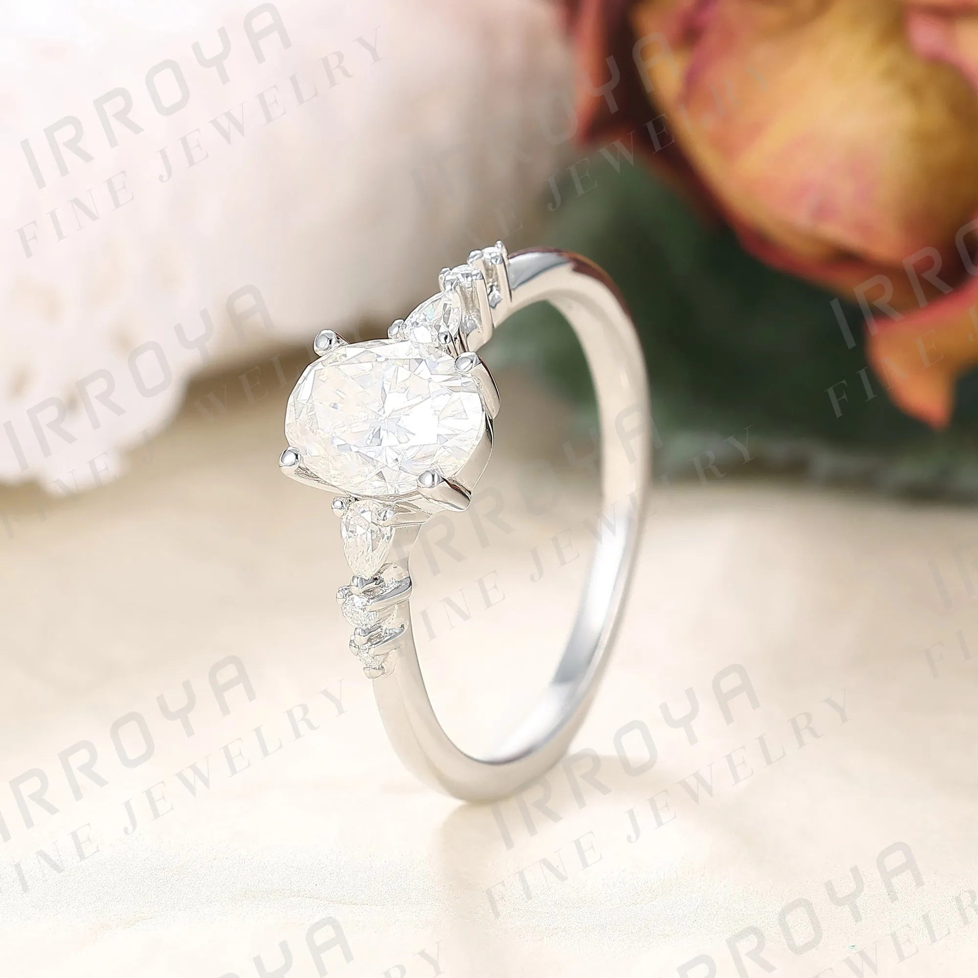 IRROYA Moissanite Women's Ring 1.5 Carats DE Color Oval Cut Moisaanite Wedding Rings for Women Pear Platinum Plated 925 Sterling Silver Rings Classic Design Promise Ring Gifts for Her