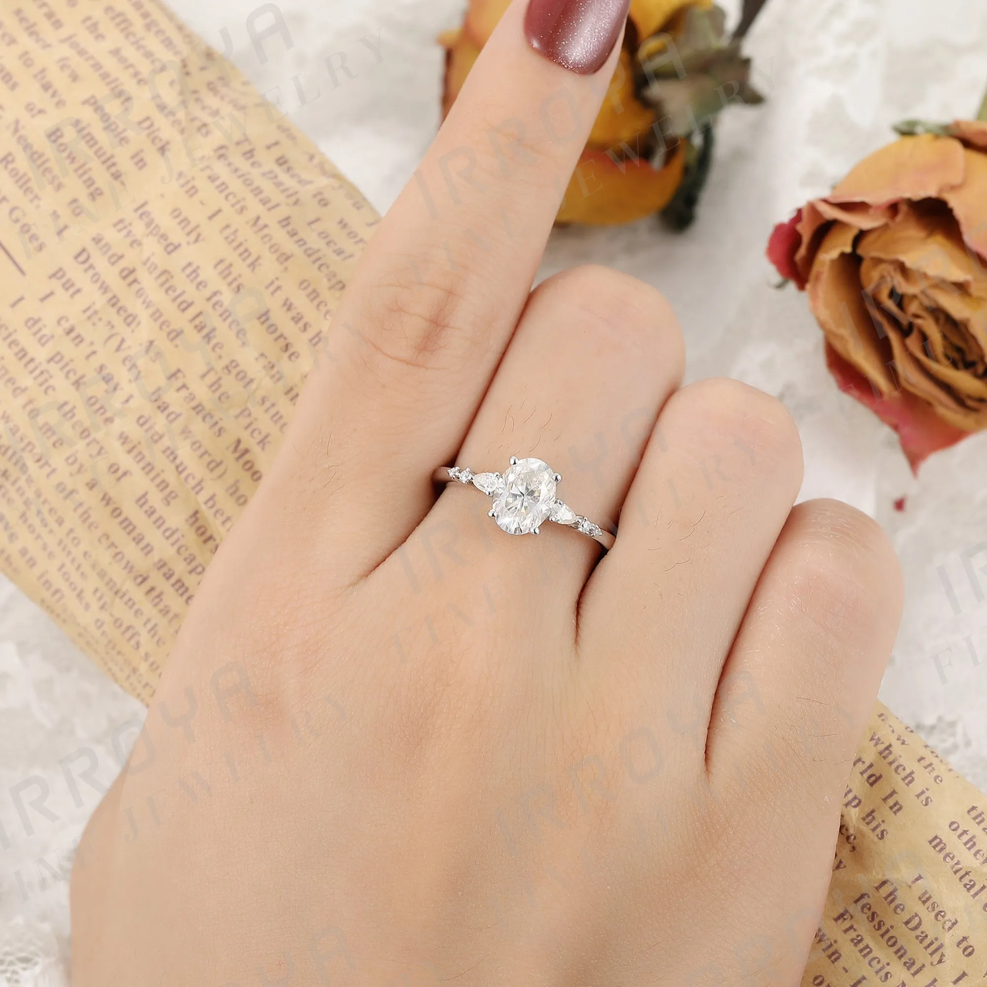 IRROYA Moissanite Women's Ring 1.5 Carats DE Color Oval Cut Moisaanite Wedding Rings for Women Pear Platinum Plated 925 Sterling Silver Rings Classic Design Promise Ring Gifts for Her