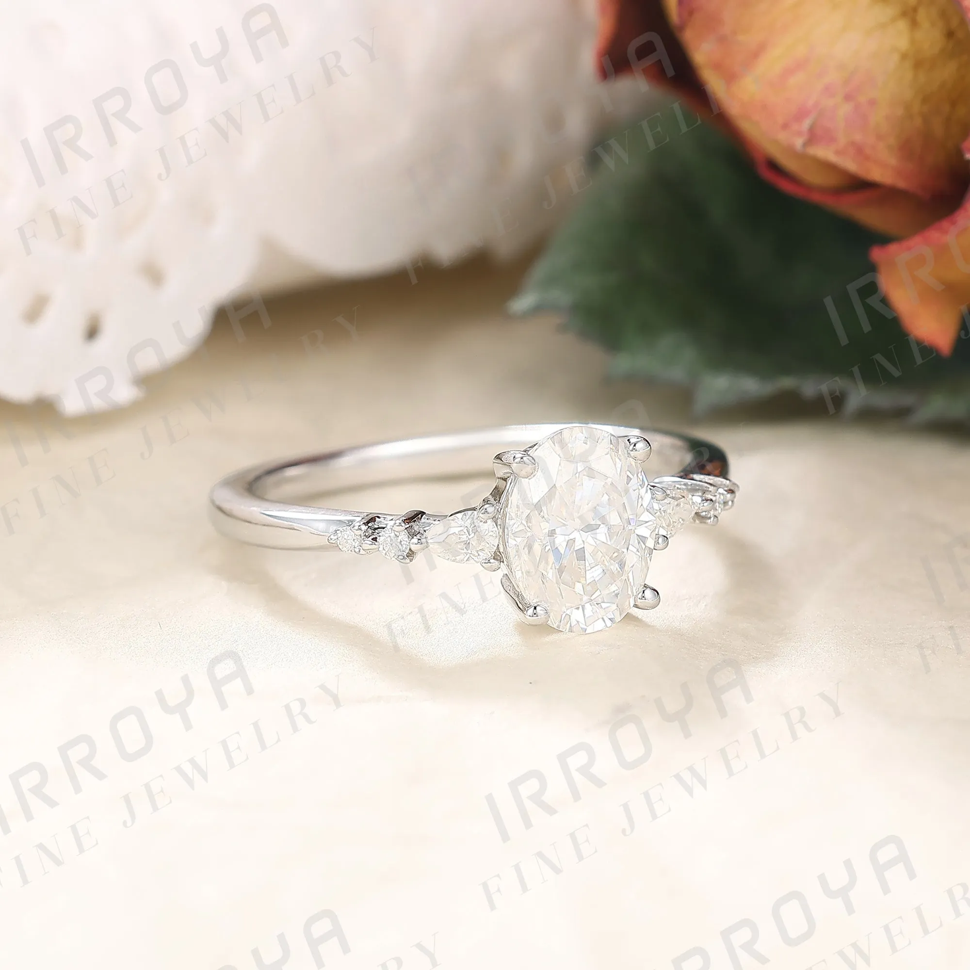 IRROYA Moissanite Women's Ring 1.5 Carats DE Color Oval Cut Moisaanite Wedding Rings for Women Pear Platinum Plated 925 Sterling Silver Rings Classic Design Promise Ring Gifts for Her
