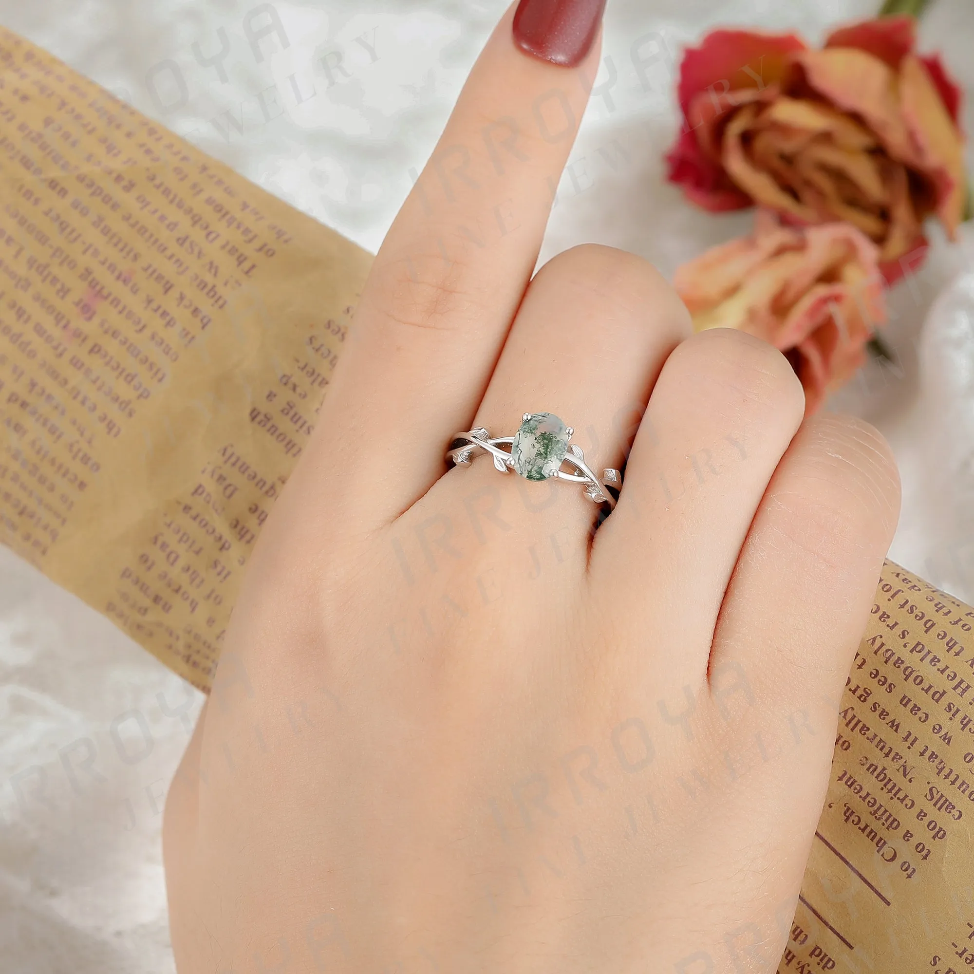 IRROYA Women's Engagement Rings 1.5CT Oval Cut Moss Agate Ring 6x8mm Vine Style Rings Wedding Rings Platinum Plated 925 Sterling Silver Women's Promise Rings Gifts For Her