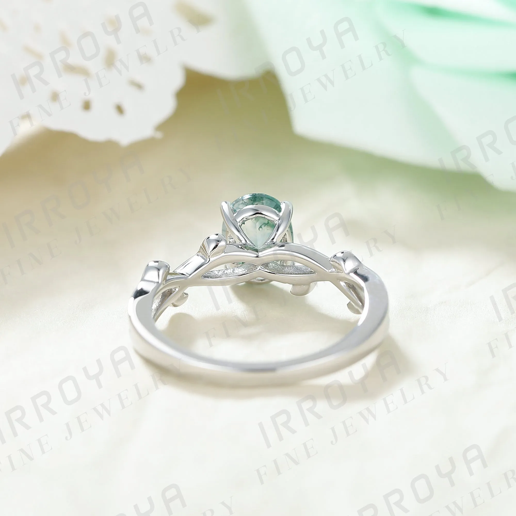 IRROYA Women's Engagement Rings 1.5CT Oval Cut Moss Agate Ring 6x8mm Vine Style Rings Wedding Rings Platinum Plated 925 Sterling Silver Women's Promise Rings Gifts For Her