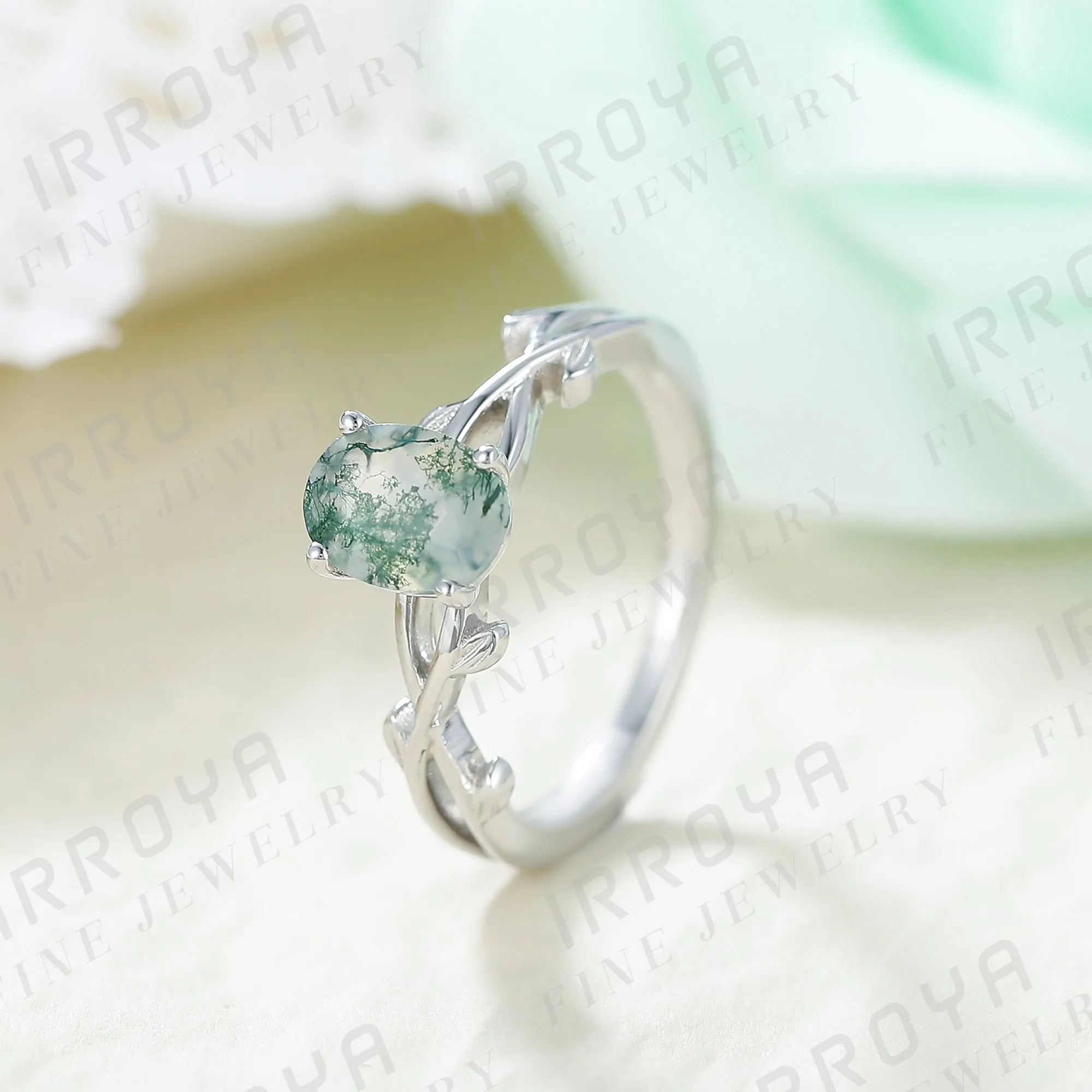 IRROYA Women's Engagement Rings 1.5CT Oval Cut Moss Agate Ring 6x8mm Vine Style Rings Wedding Rings Platinum Plated 925 Sterling Silver Women's Promise Rings Gifts For Her