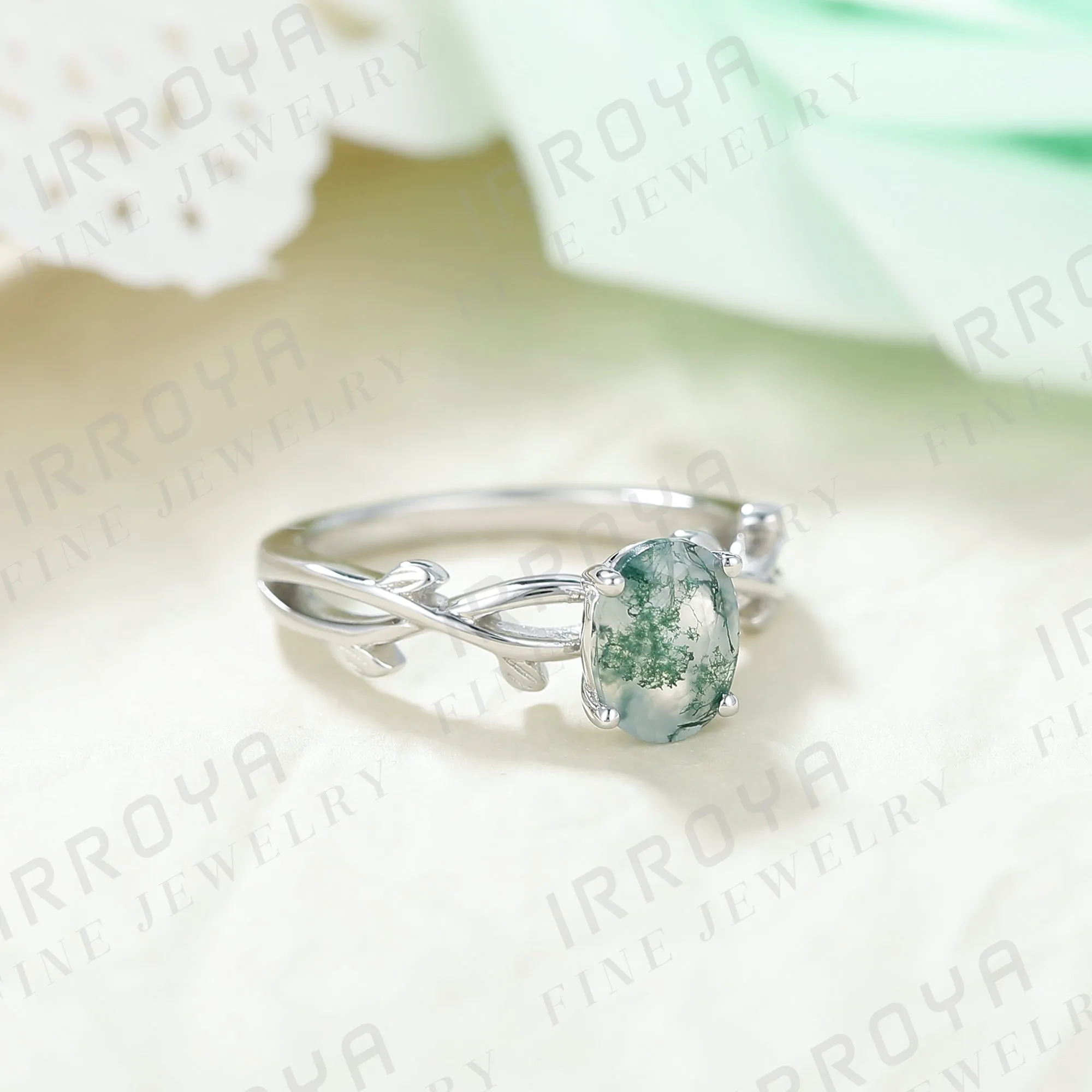IRROYA Women's Engagement Rings 1.5CT Oval Cut Moss Agate Ring 6x8mm Vine Style Rings Wedding Rings Platinum Plated 925 Sterling Silver Women's Promise Rings Gifts For Her