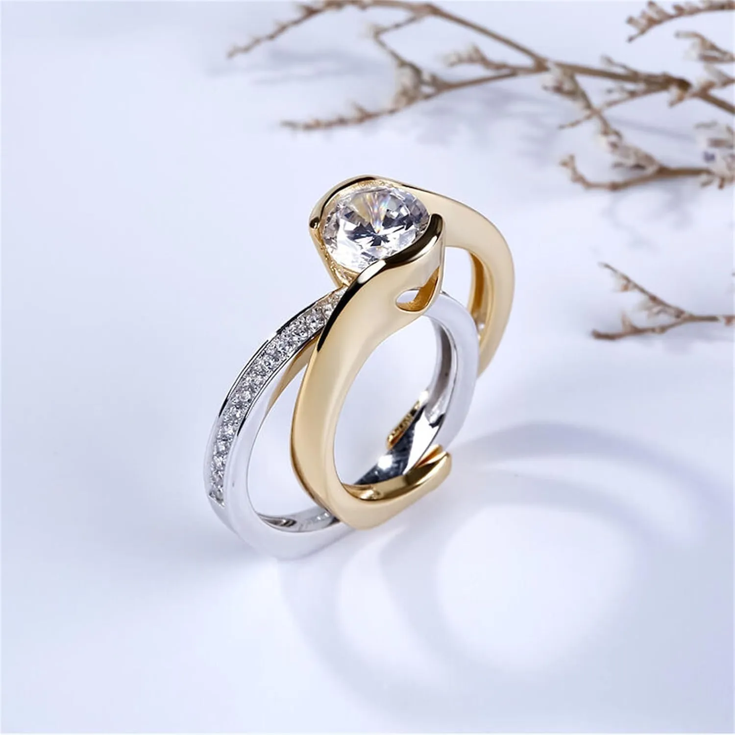 Jeulia 2.5 Carat Asymmetric Rings Women Round Cut Diamond Ring Set 14k Gold Plated Cubic Zirconia Engagement Rings Anniversary Promise Romantic Jewelry Gift