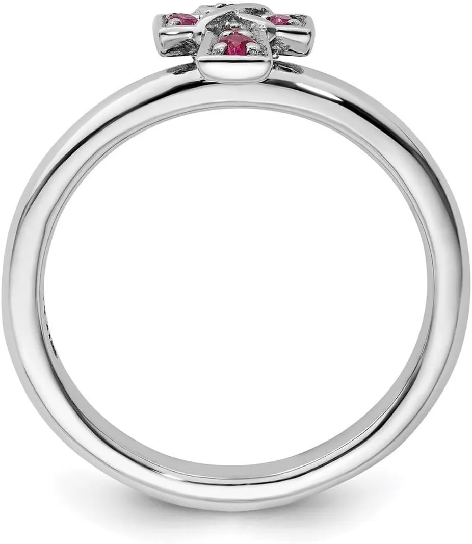 JewelryWeb 2.25mm 925 Sterling Silver Stackable Rhodium Created Ruby Religious Faith Cross Ring-Stackable-Ring for Women