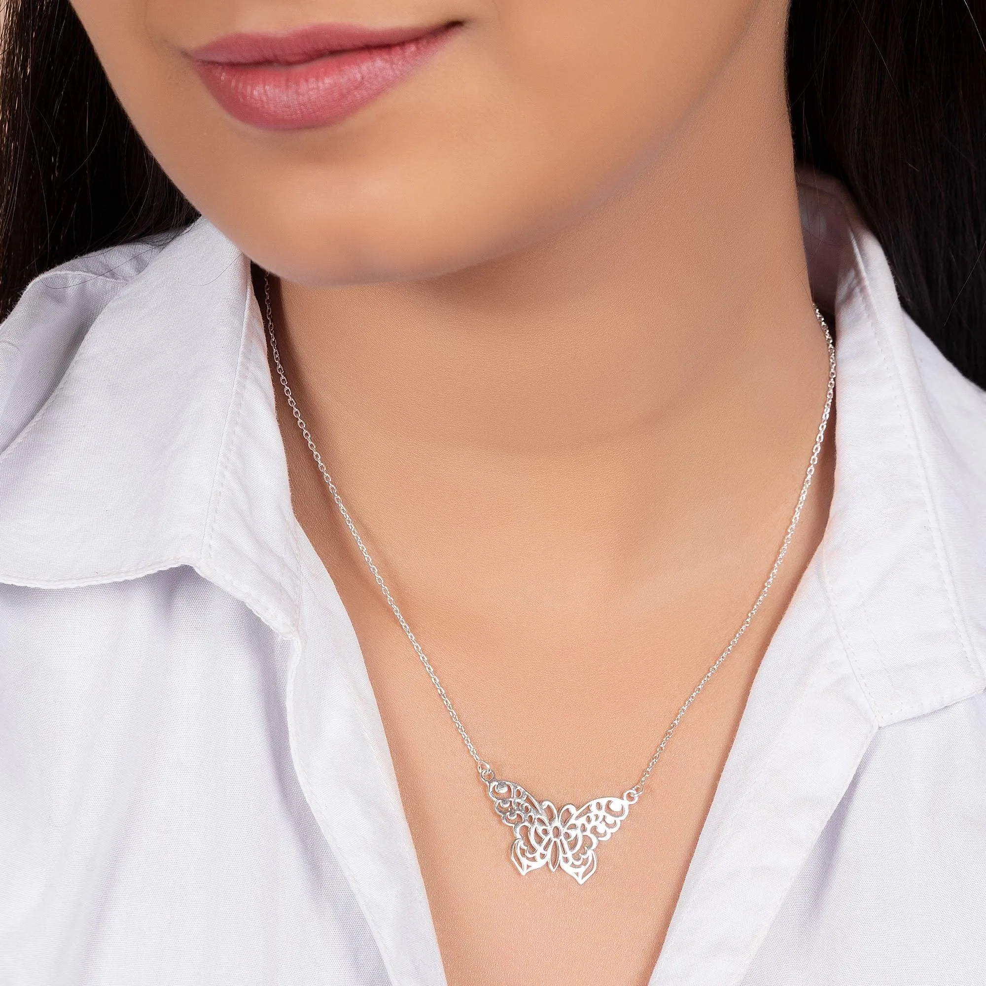 Large Butterfly Filigree Pendant Necklace Sterling Silver 16 Inches Statement Piece