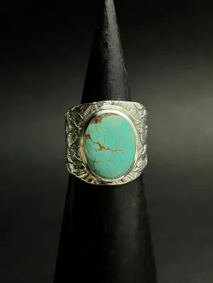 •LEAF IMPRESSION• mexican turquoise   silver ring - size 8