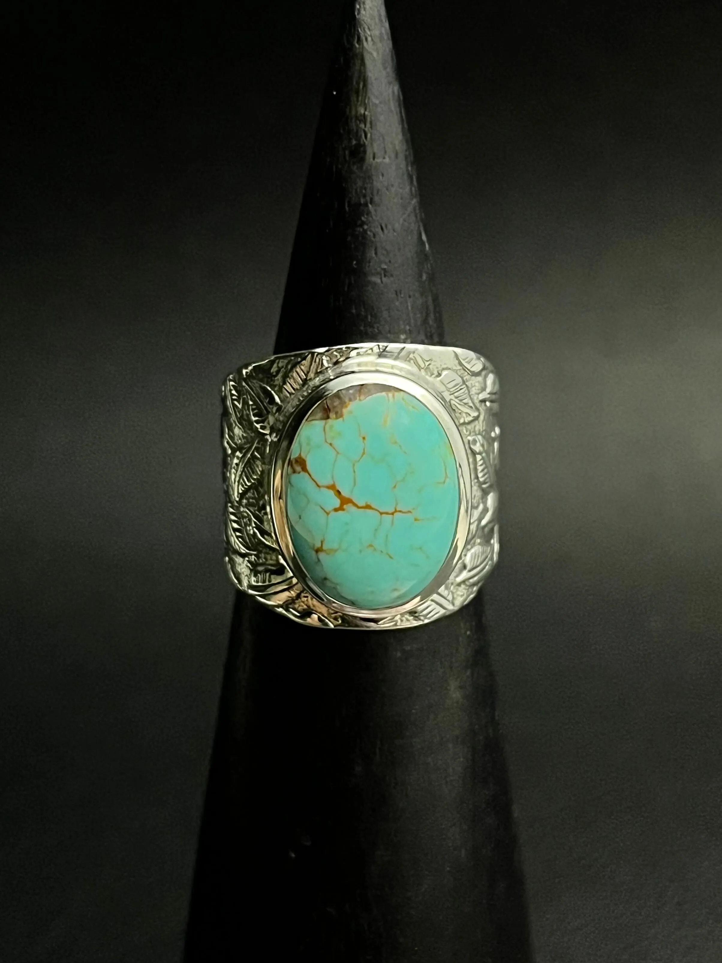 •LEAF IMPRESSION• mexican turquoise   silver ring - size 8