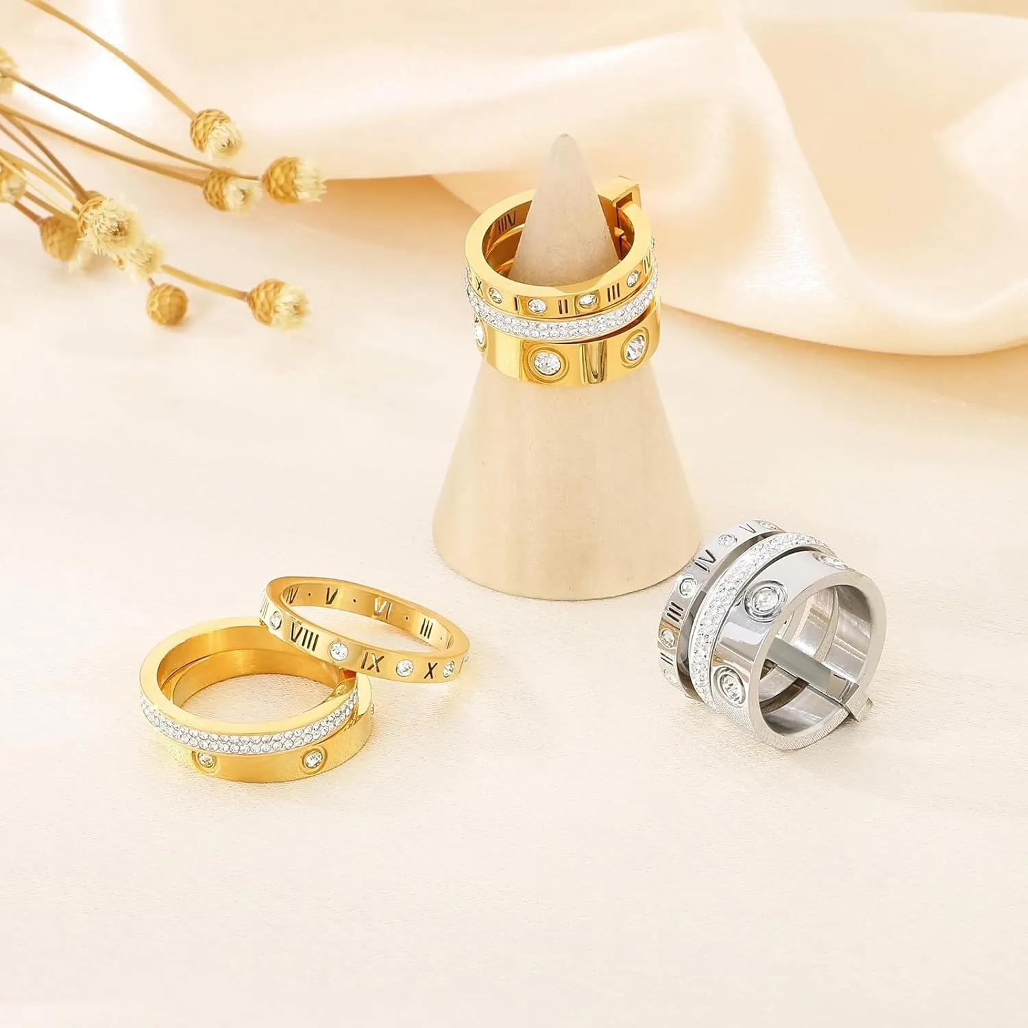 Love Friendship Ring Cubic Zirconia Gold Ring Sets for Women Stainless Steel Stacking Ring Wedding Statement Thumb Ring Bands