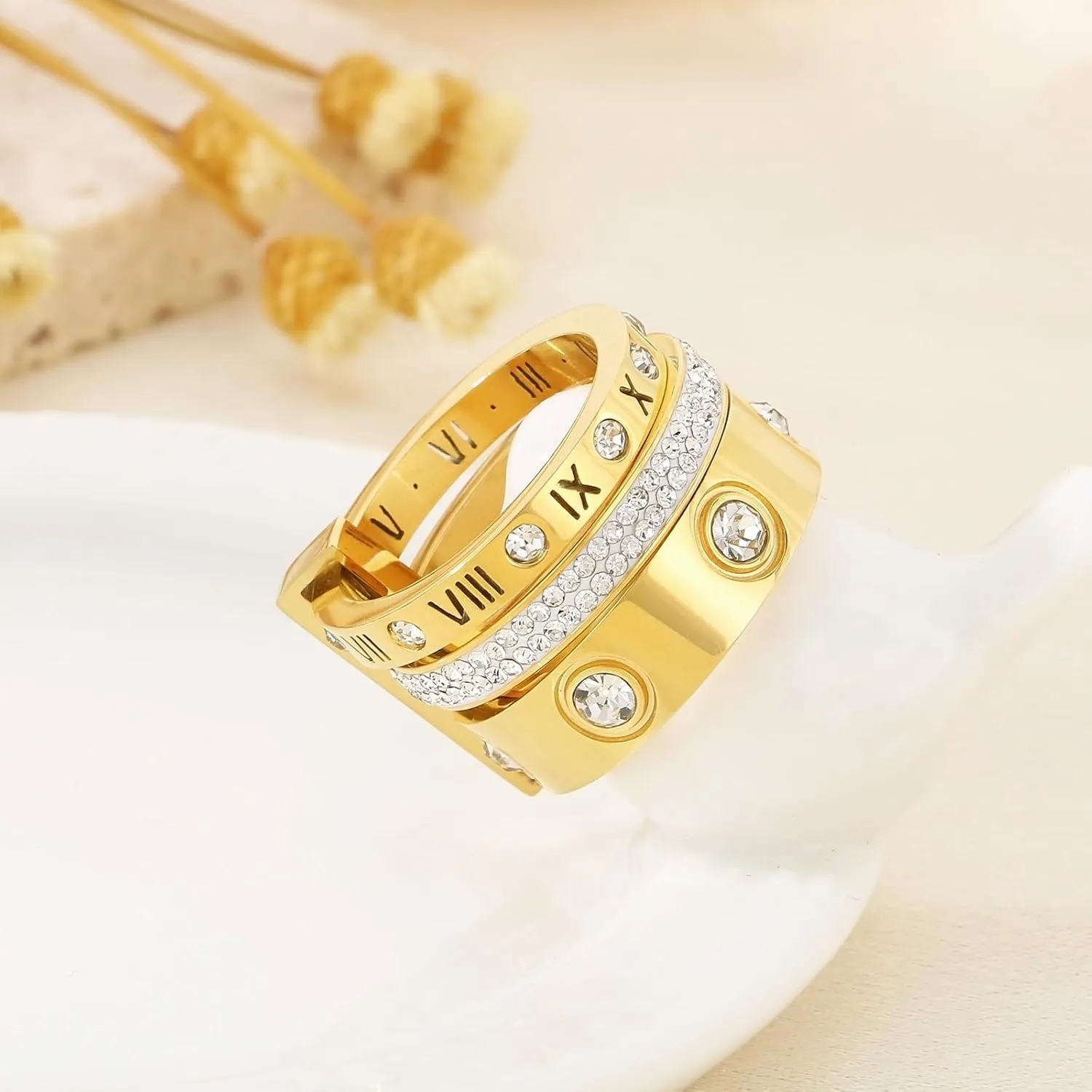 Love Friendship Ring Cubic Zirconia Gold Ring Sets for Women Stainless Steel Stacking Ring Wedding Statement Thumb Ring Bands
