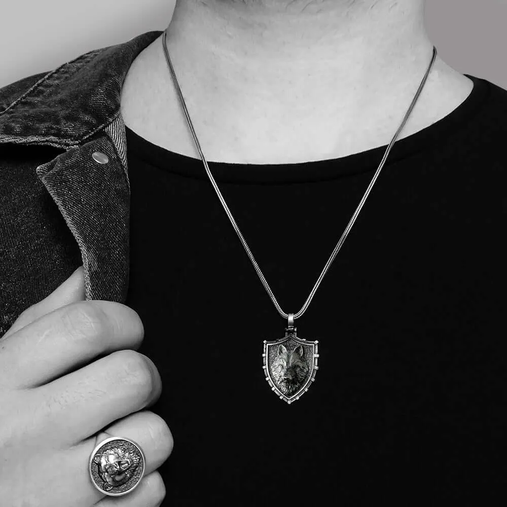 Men's Necklace Solid 925 Silver Wolf Pendant with Wheat Link Chain