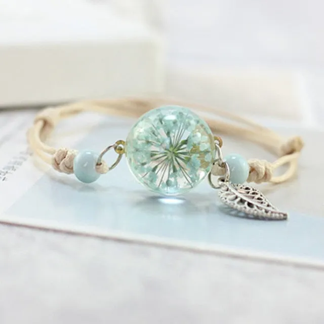 New Boho Vintage Charm Bracelet Handmade Real Dry Flower Glass Ball Weave Adjustable Bracelets Bangle for Women Fashion