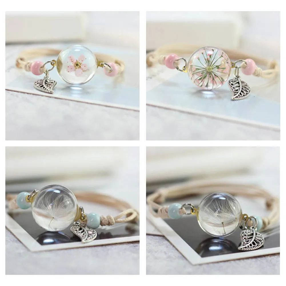 New Boho Vintage Charm Bracelet Handmade Real Dry Flower Glass Ball Weave Adjustable Bracelets Bangle for Women Fashion