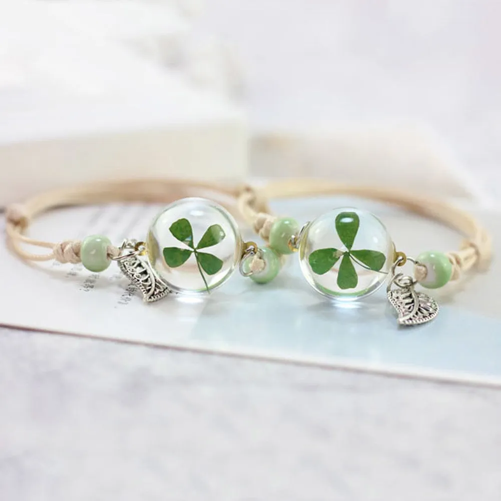 New Boho Vintage Charm Bracelet Handmade Real Dry Flower Glass Ball Weave Adjustable Bracelets Bangle for Women Fashion