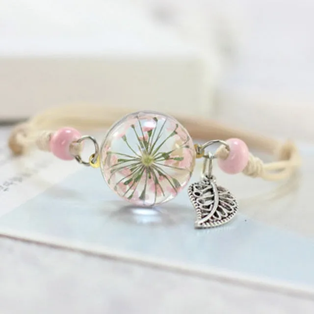 New Boho Vintage Charm Bracelet Handmade Real Dry Flower Glass Ball Weave Adjustable Bracelets Bangle for Women Fashion