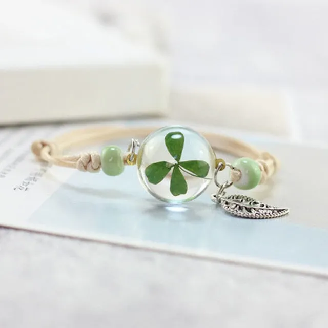 New Boho Vintage Charm Bracelet Handmade Real Dry Flower Glass Ball Weave Adjustable Bracelets Bangle for Women Fashion