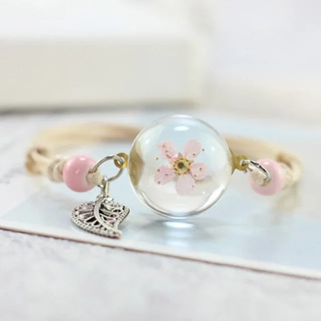 New Boho Vintage Charm Bracelet Handmade Real Dry Flower Glass Ball Weave Adjustable Bracelets Bangle for Women Fashion