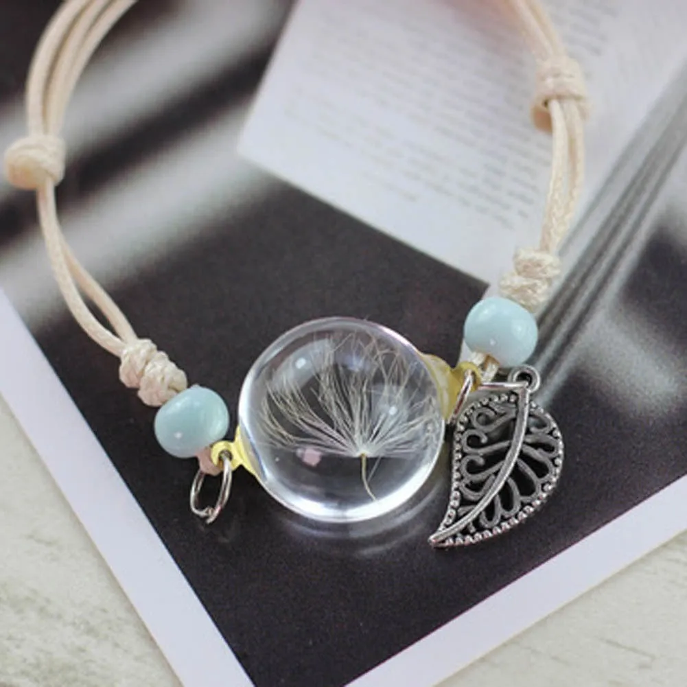 New Boho Vintage Charm Bracelet Handmade Real Dry Flower Glass Ball Weave Adjustable Bracelets Bangle for Women Fashion