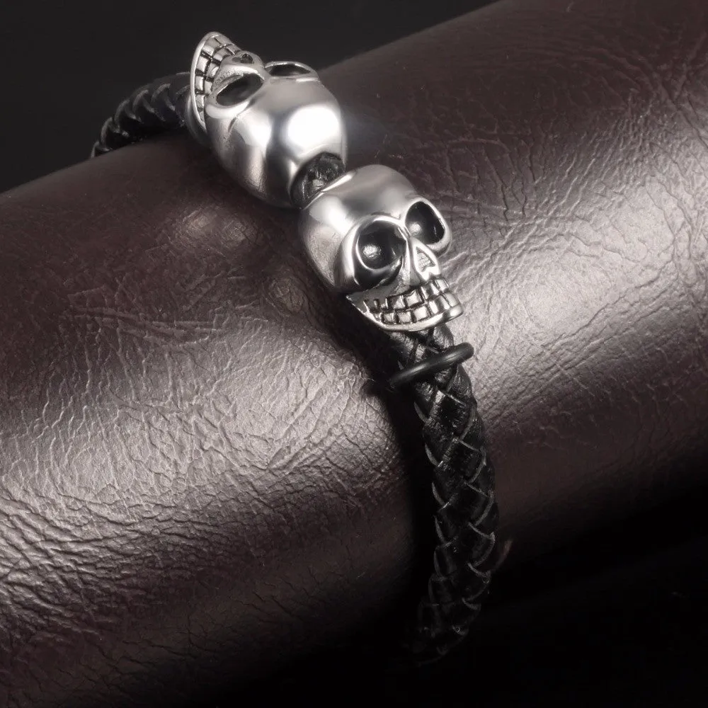 New Fashion Jewelry Man Accessories Handmade Cowide Leather Stainless Steel Skull Adornment Bangles Rock Punk Bracelet